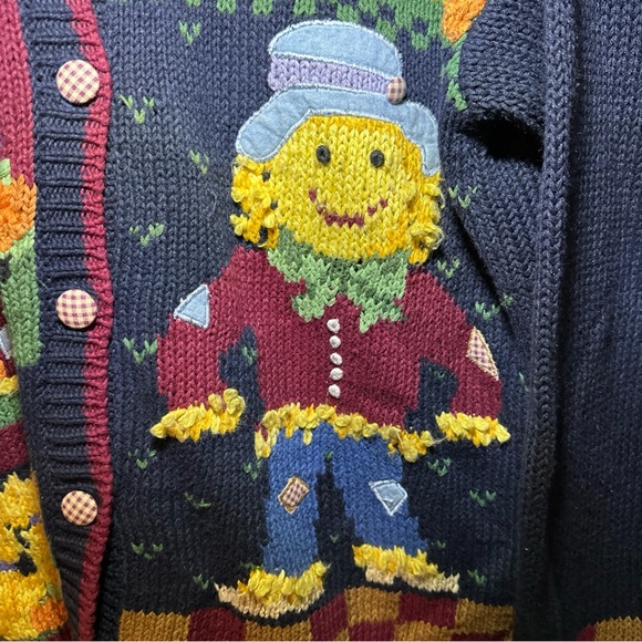 Herman Geist Sweater Scarecrow Pumpkins Plaid Buttons‎ Fall Size Large - Picture 3 of 6